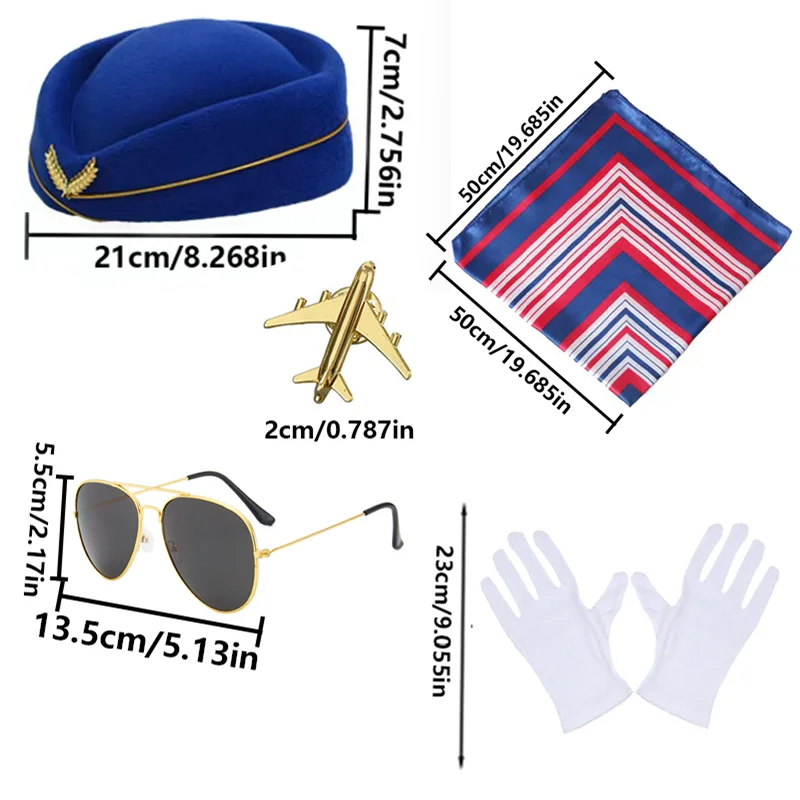 Stewardess Role Play Costume Accessories Set for Women Scarf Hat Gloves Brooch Glasses Case Party Dress Up Outfit