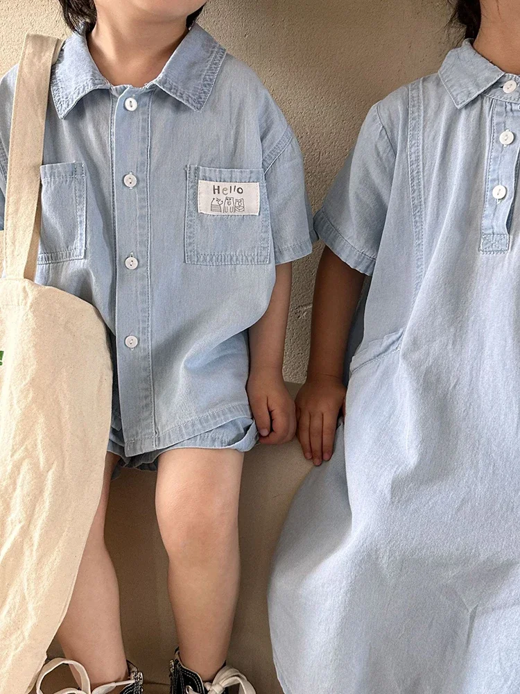 Cute Children\'s Denim Suit 2024 Summer Korean Fashion Loose Short Sleeves Tops Shorts 2pcs Toddler Cotton Tees Suit Solid Color