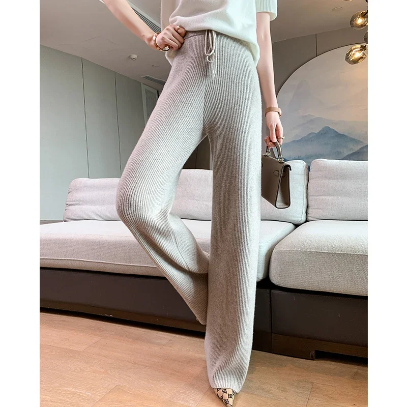 2023 New Autumn Winter Women 100% Wool Elasticity Pants Soft Waxy Comfortable High-Waist Knitted Female Cashmere Wide Leg Pant