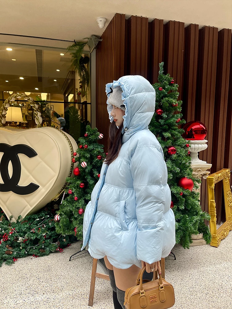 

Heidy Baby Blue Blossom Puffy Doll down Jaet 90 Goose down Casual Loose Fit Warm Thi Zipper Closure Long Sve Coat