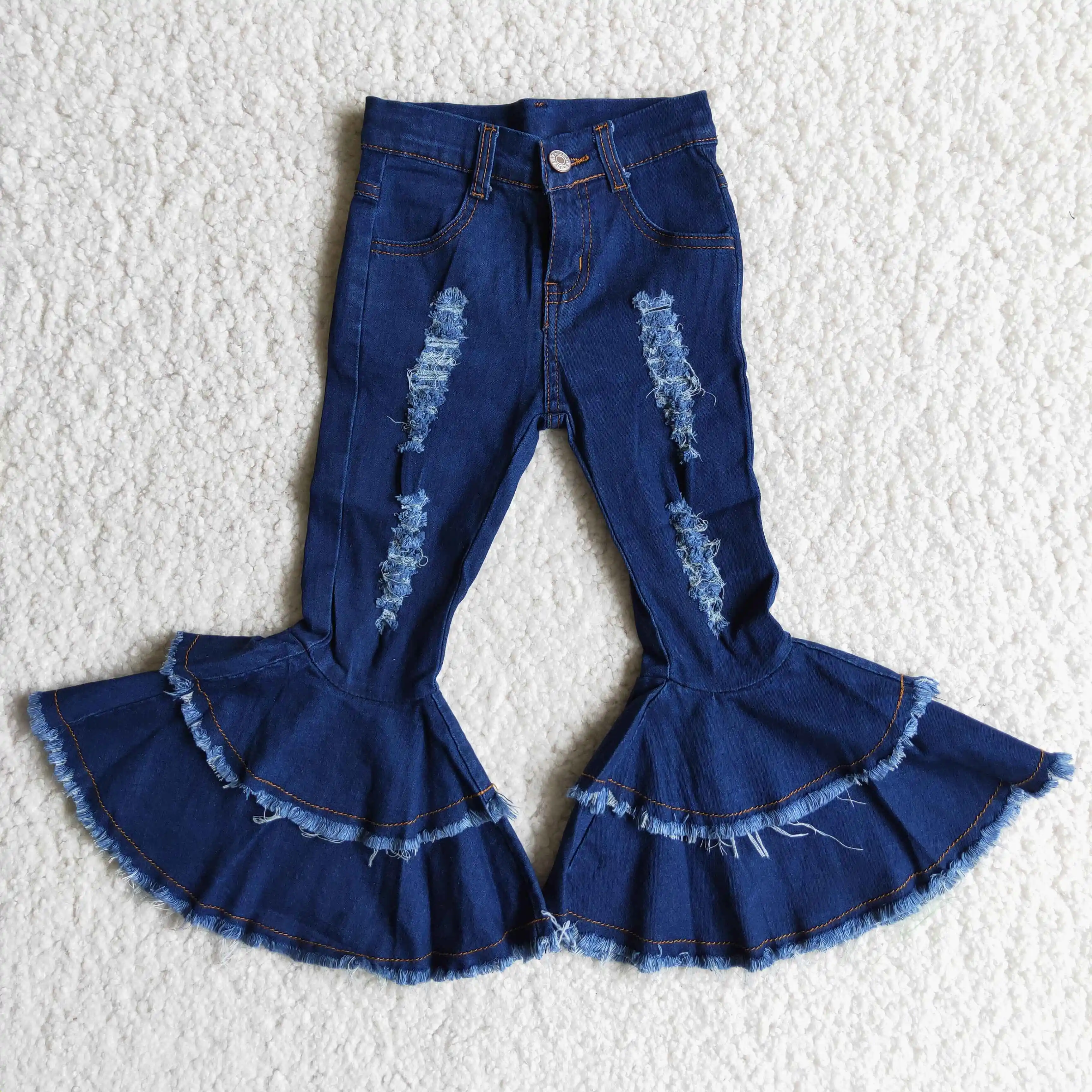 

Wholesale Baby Girls Pants Denim Bell Bottom Kids Boutique Fashionable Bleach Children Toddler Blue Cute Jeans Trousers Clothes