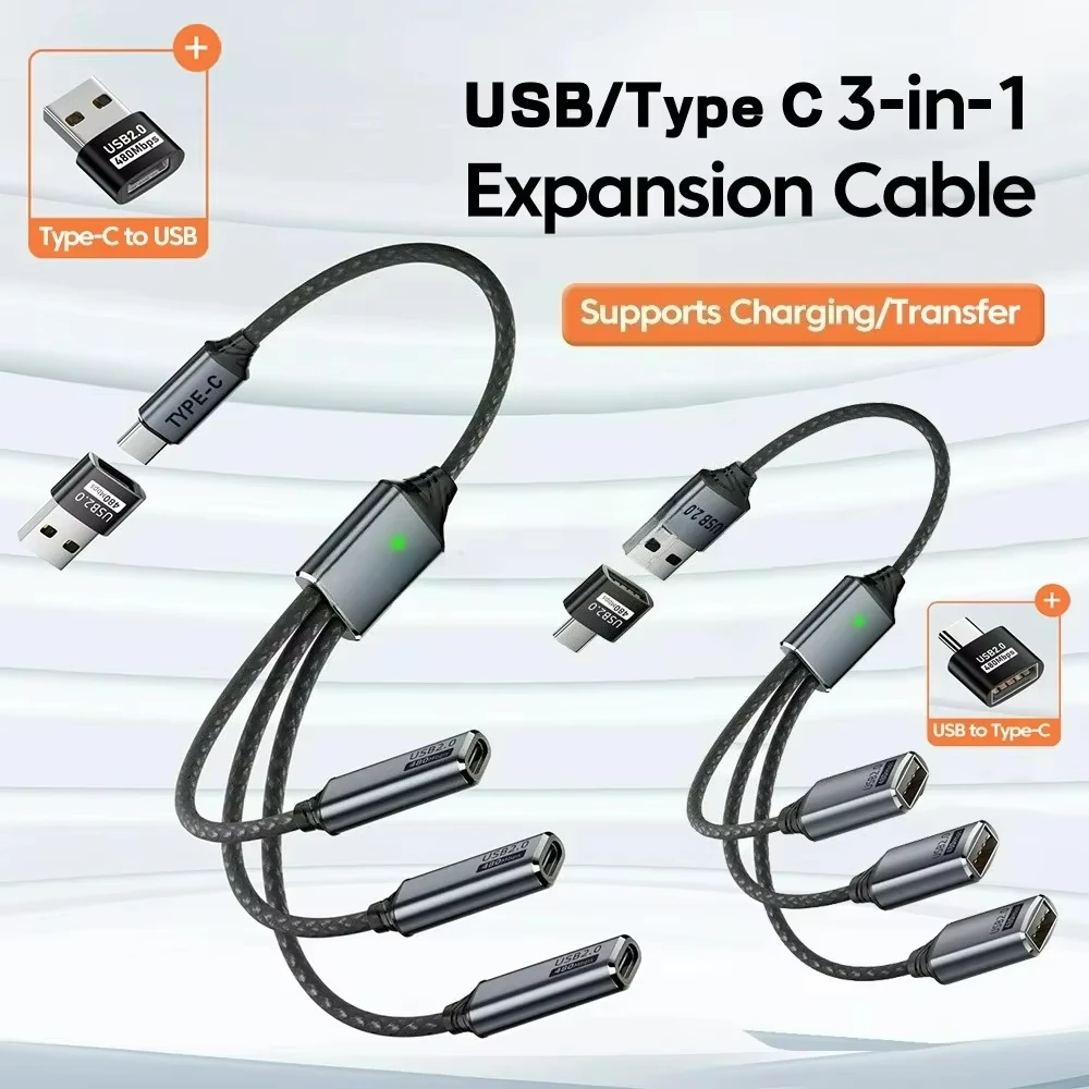 USB Splitter 3 in 1 Short Cable,USB 2.0 Male to 3 Female,Wite USB-C Adapter,Charging and 480Mbps Data Transfer,Nylon Braided