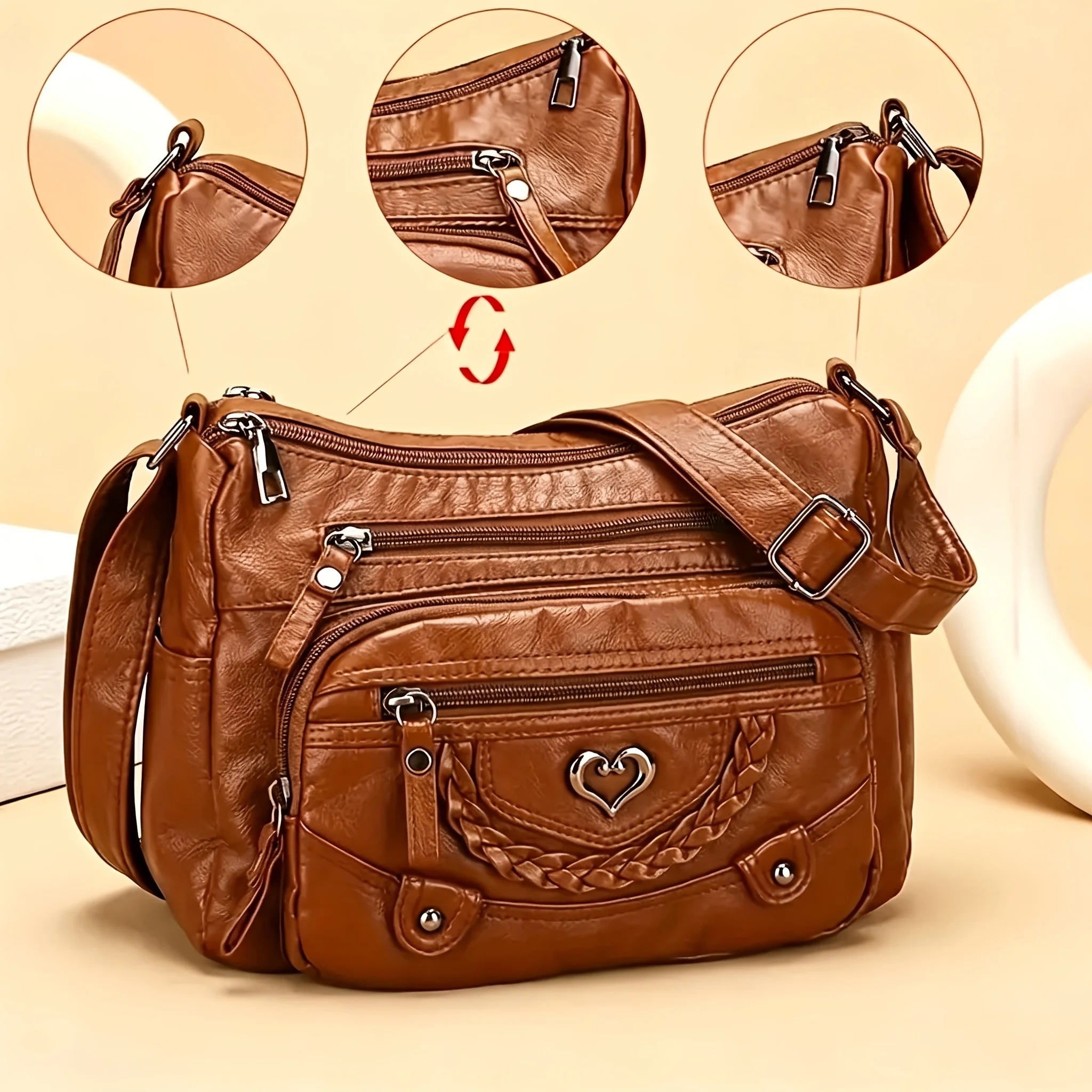 

Hot Selling Fashionable Retro Brown Crossbody Bag With Heart-shaped Embellishment, Adjustable Shoulder Strap Made Of PU Material, Large Capacity Multiple Zipper Pockets, Solid Color, Perfect For Daily Use, Casual Shoulder Bag, Small Crossbody Bag
