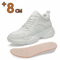 Men Mesh+Leather Elevator Sneakers 8cm Insole Height Increased Shoes Teenager Unisex Hidden Heels Inner Heightening Lift Sports