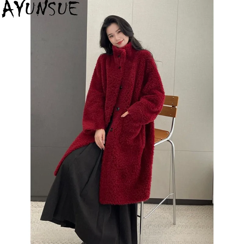 AYUNSUE 100% Wool Winter Coat Women Long Trench Coats for Woman Grain Lamb Wool Fur Jacket Streetwear Loose Fit Шуба Женская
