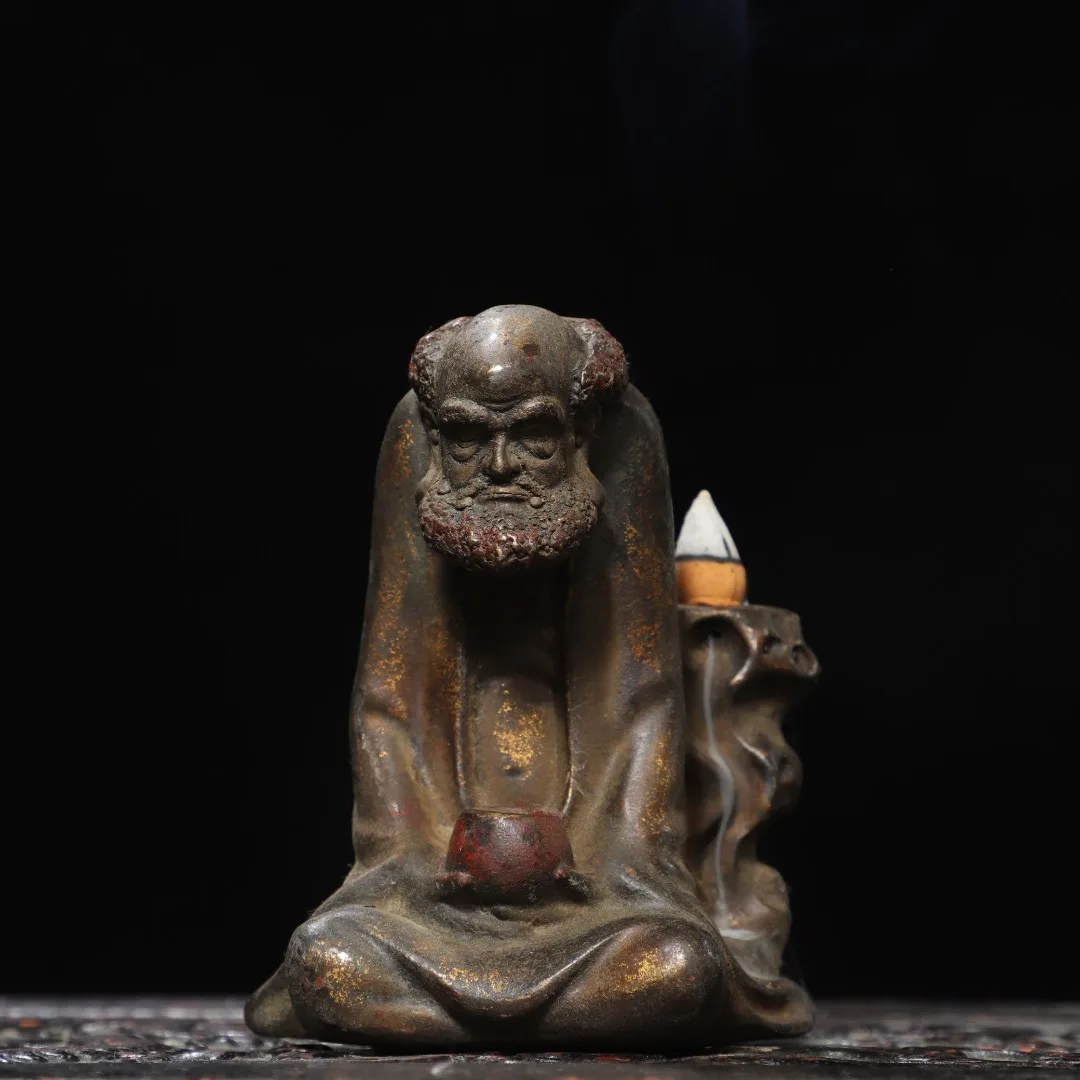 Old Bronze Cinnabar Bodhidharma Buddha Backflow incense Amitabha Incense Burner incense holder Study screen Ornaments
