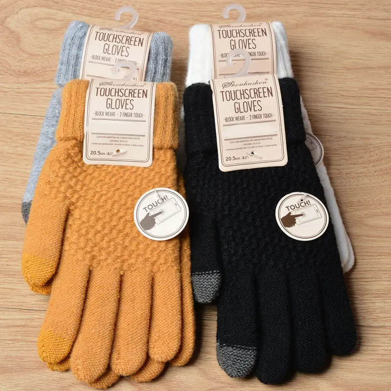 Women's Gloves Touch Screen Gloves Autumn Winter Imitation Wool Full Finger Mittens Warm Stretch Knit Mitten Thicken Gloves