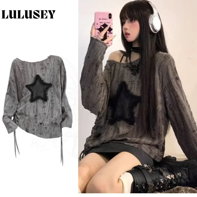 

Женская футболка с открытыми плечами и принтом звезд Y2K — летняя уличная одежда, свободная футболка большого размера с длинными рукавами в стиле Kpop