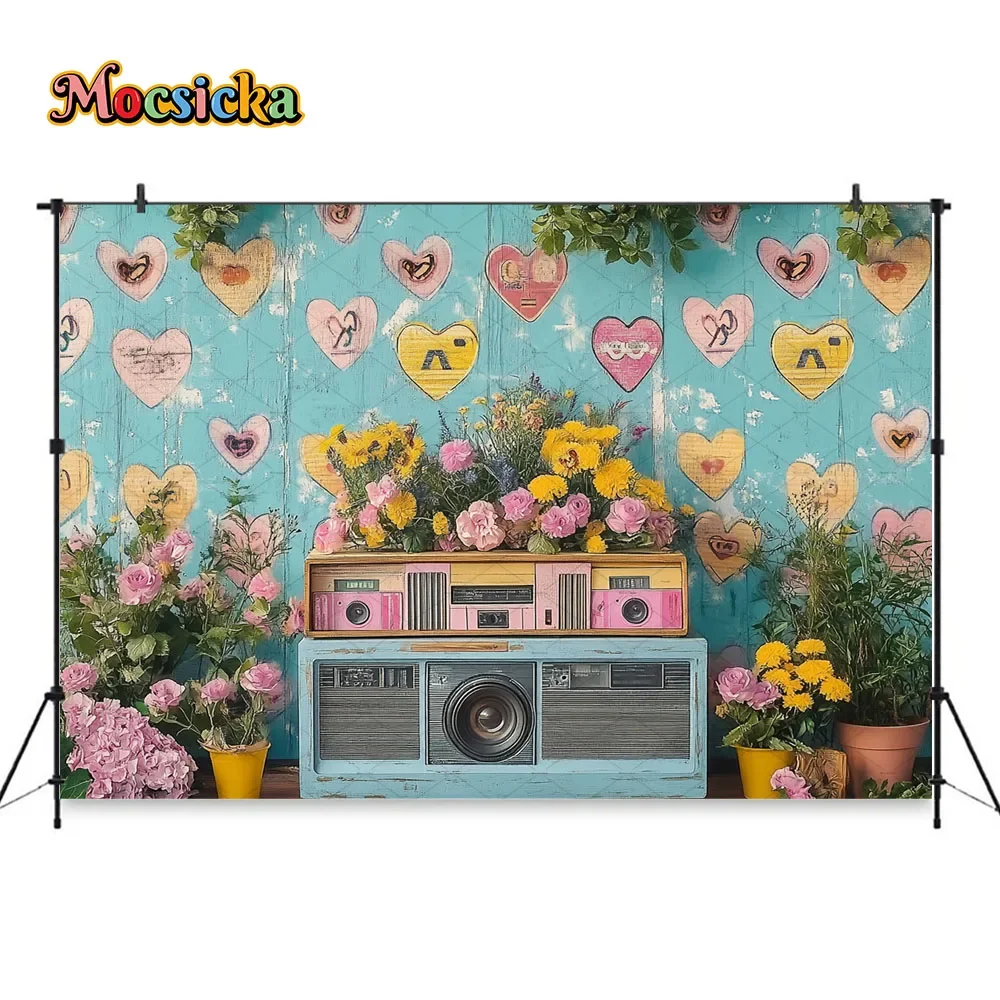 Valentine's Day Flower Room Background Colorful Radio Love Wood Wall Backdrop Girl Birthday Cake Smash Music Party Photo Studio