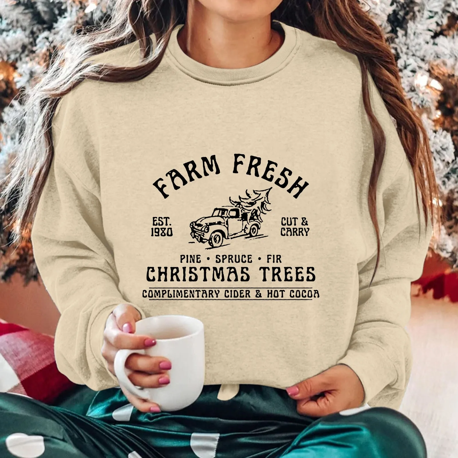 Women's Round Neck Long Sleeved FARM FRESH EST 1980 CUT&CARRY Letter Extra Long Sweatshirts Women Bleached Sweatshirt Women