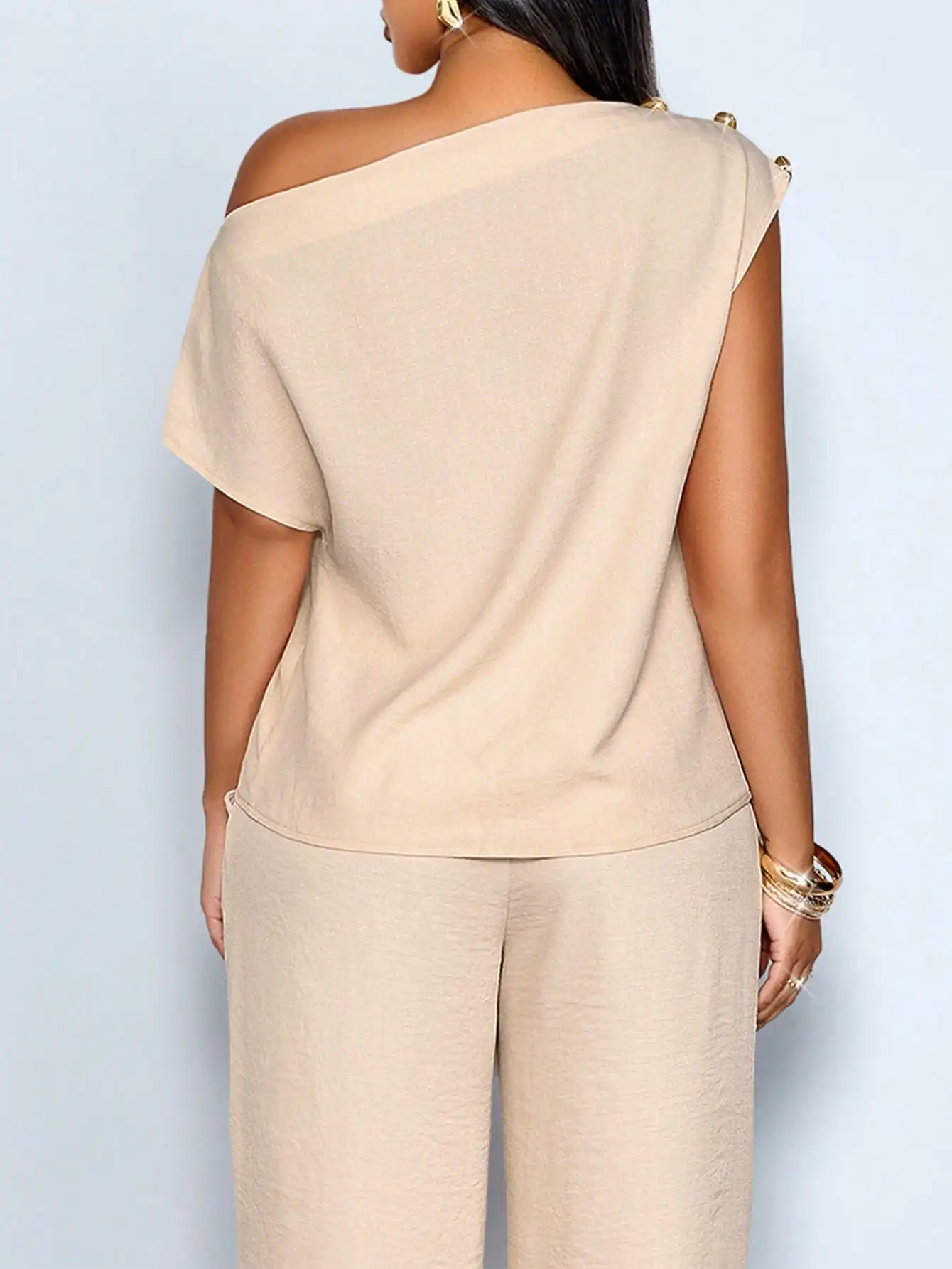 

Women's Plus Size Spring Summer Asymmetrical One Shoulder Top With Metal Buttons Wide Leg Pants Set Beige