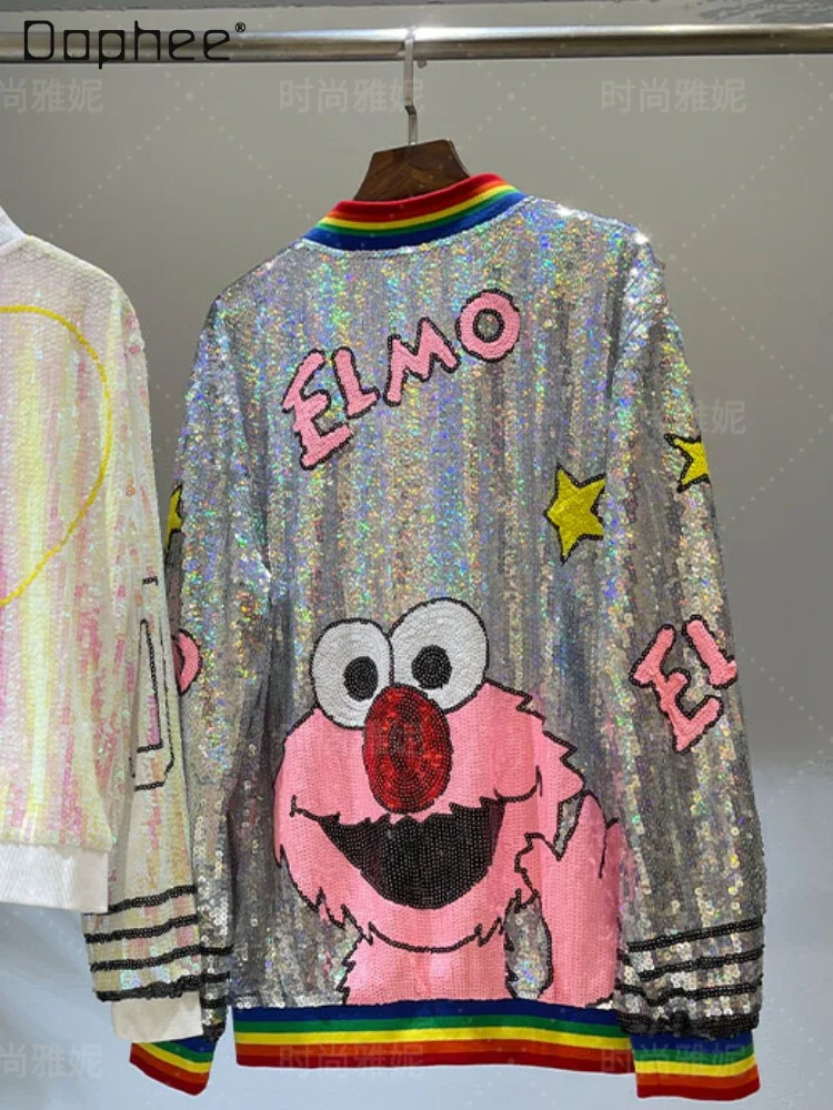 Fashion Pink Cartoon Sequined Zipper Jackets Female 2023 Spring and Autumn New Heavy Embroidery Stitching Striped Women\'s Coat