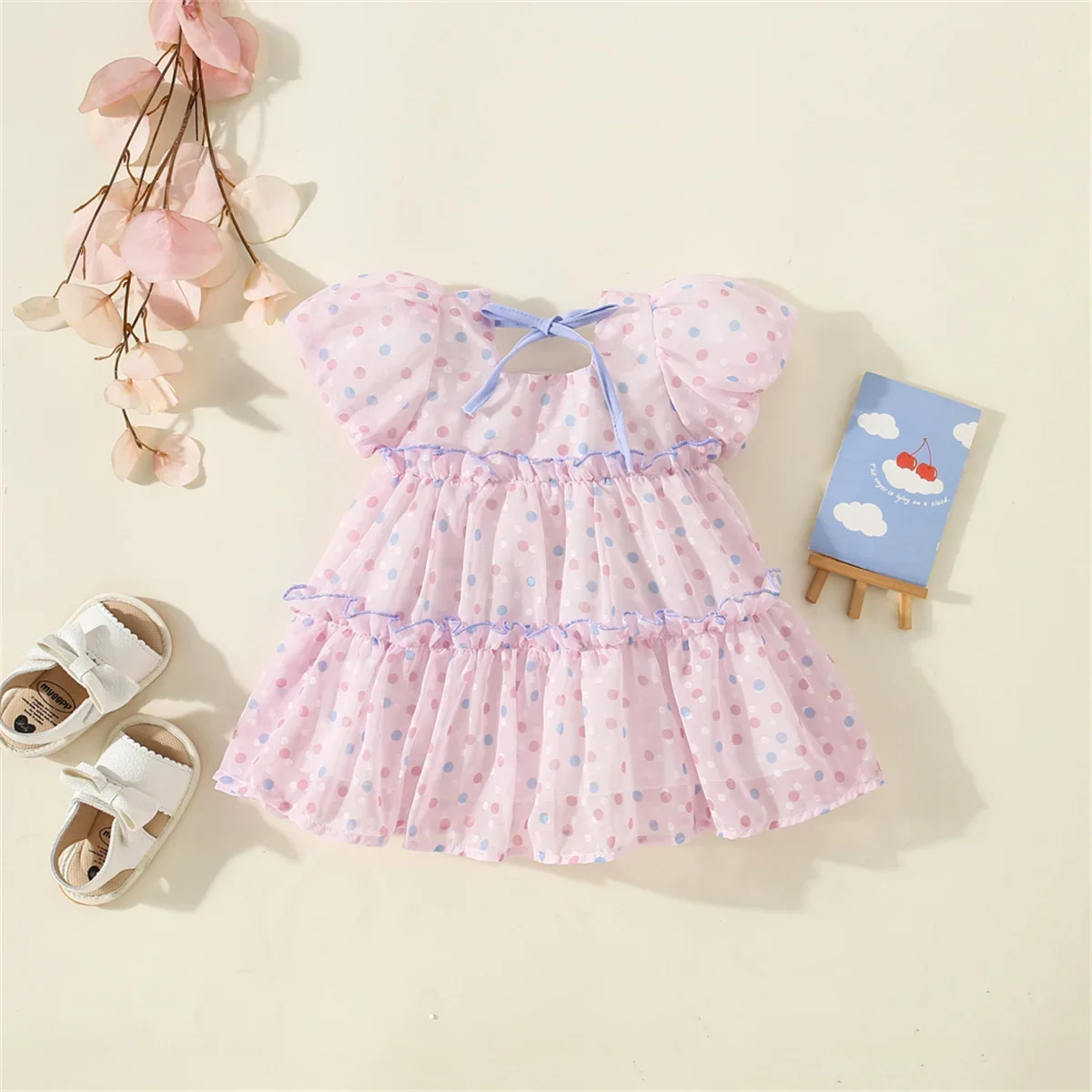 Summer New Baby Girls Round Neck Bubble Sleeve Layer Lace Pleated Polka Dot Ribbon Bow Casual Sweet Princess Dress