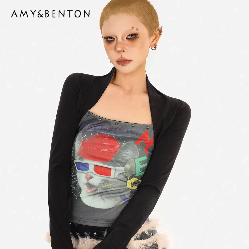 

Original Design Fake Two-Piece Tube Top Women's T-Shirt 2026 Spring New Sweet Cool Sexy Printed Hot Girl Long Sleeve Top Ladies