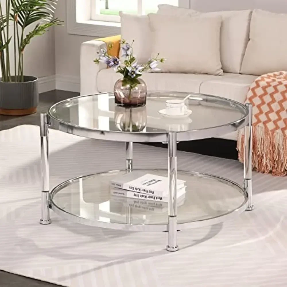 Tempered Glass Round Coffee Table,  with Clear Glass Top for Storage, with Open Shelf 32