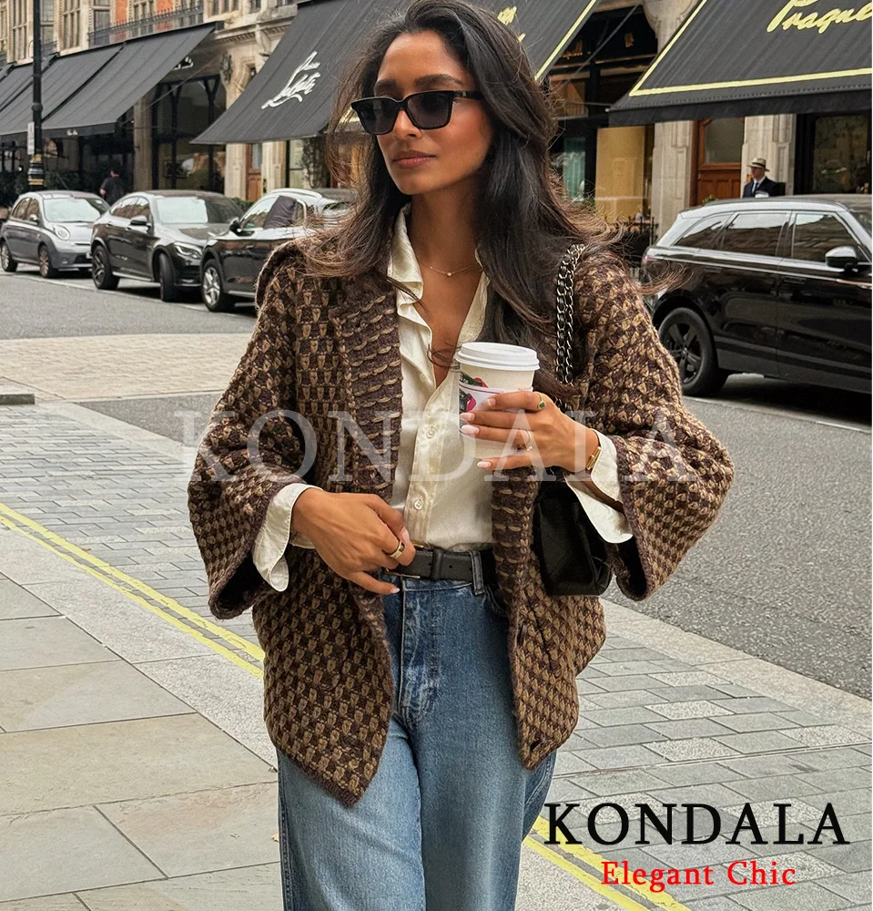 

KONDALA Vintage Oversized Plaid Cardigan Women's Fall Winter Buttons Loose Knitted Coat 2025 Fashion Elegant Casual Female Coat