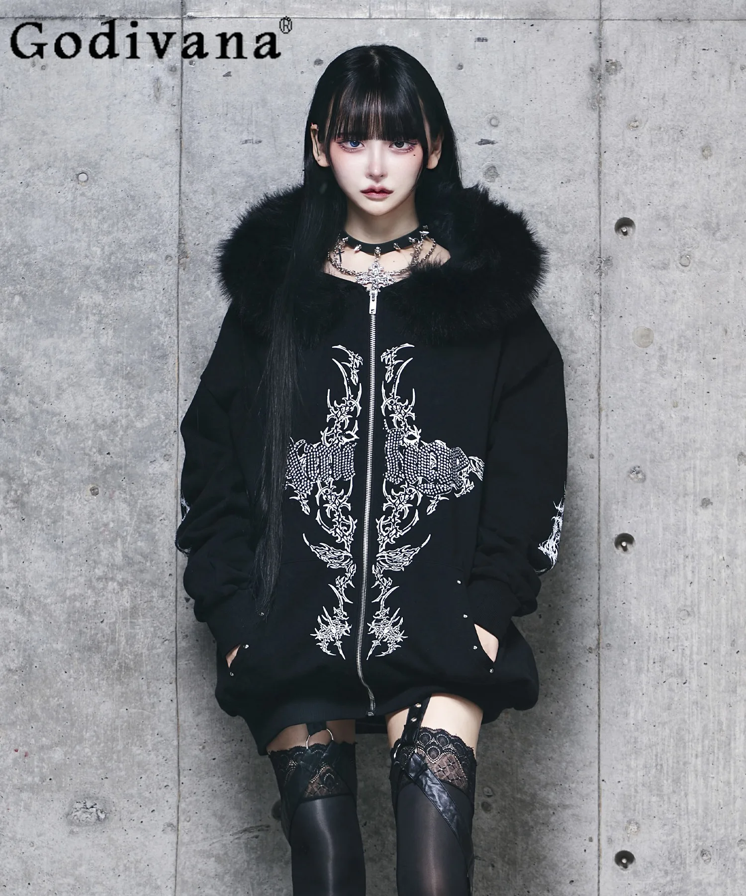 

Subculture Black Gothic Dark Plush Hooded Cardigan Jacket Autumn Winter New 2025 Girl's Sweet Cool Printed Loose Sweatshirt