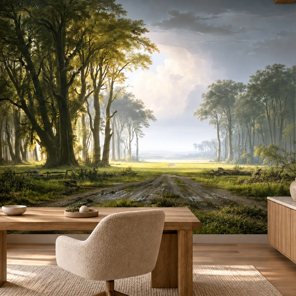 Forest Landscape Wallpaper Mural Vintage Woodland Path Scenic Nature Wall Decor for Living Room Bedroom Office Non Self Adhesive