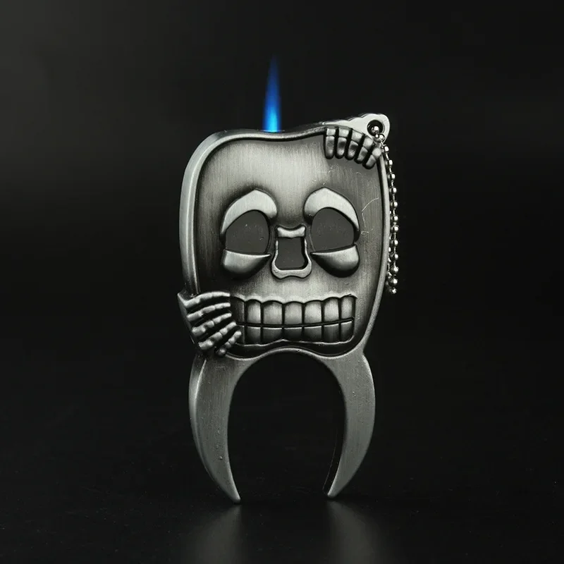 Creative and Unique Skeleton Head Metal Inflatable Windproof Butane Gas Lighter Inflatable Cigarette Cigar Smoking Lighter
