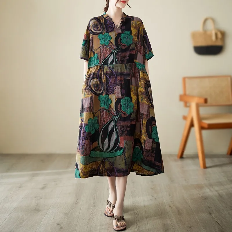 

2024 Summer New Arts Style Women Short Sleeve V-neck Loose Long Dress Vintage Print Cotton Linen A-line Dresses Female P596