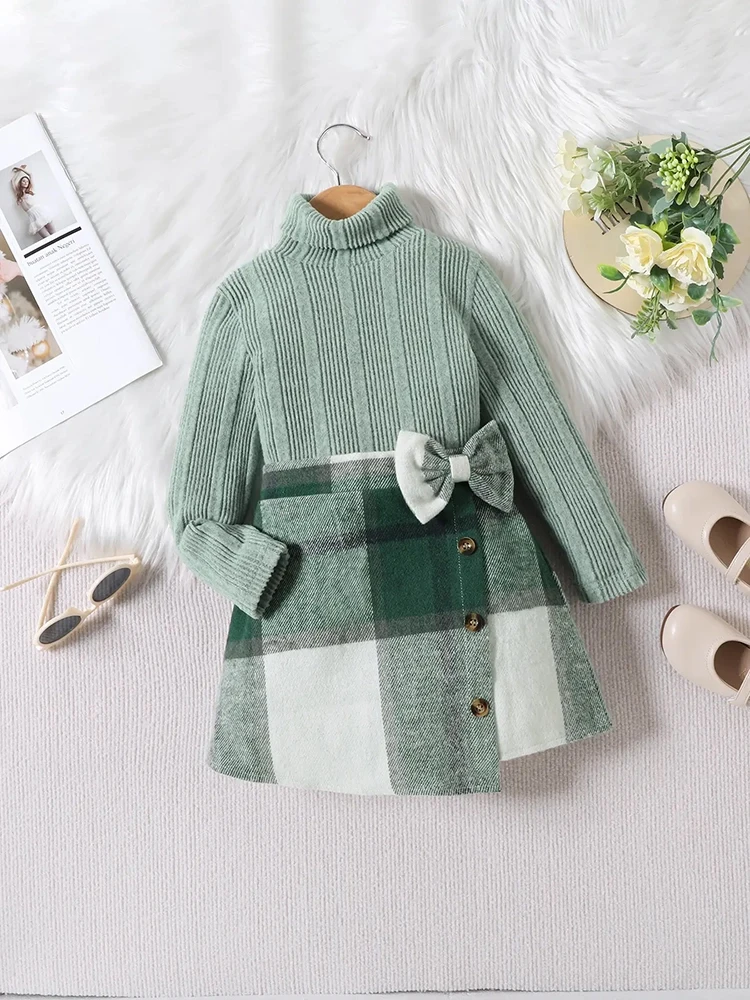 2pcs Winter Girls Casual Set Striped Woolen High Neck Top with Checkered Printed Bow Short Skirt Children's Princess 4Y-7Y