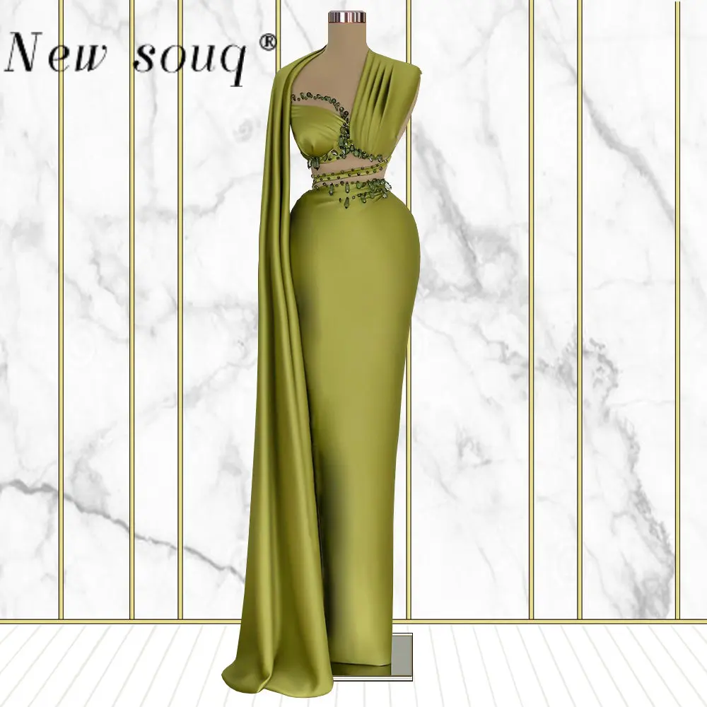 Elegant Olive Green Long Evening Dresses for Women Wedding Party 2023 Sexy Cut Out Crystals One Shoulder Satin Prom Gowns