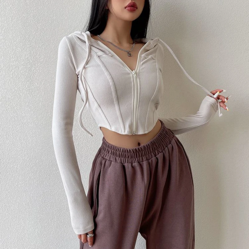 Rimocy Casual Solid Color Hooded Cardigan Women Long Sleeves Y2K Slim Fit Crop Tops Woman 2023 New Zipper Up Streetwear Tees Top