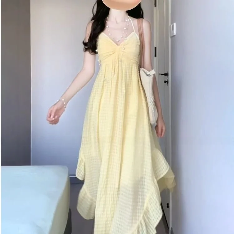 Summer Yellow Gingham Backless Strap Dress Women's Beach Atmosphere Beach Long Skirt High Waist A-Line Non-Elastic Polyester
