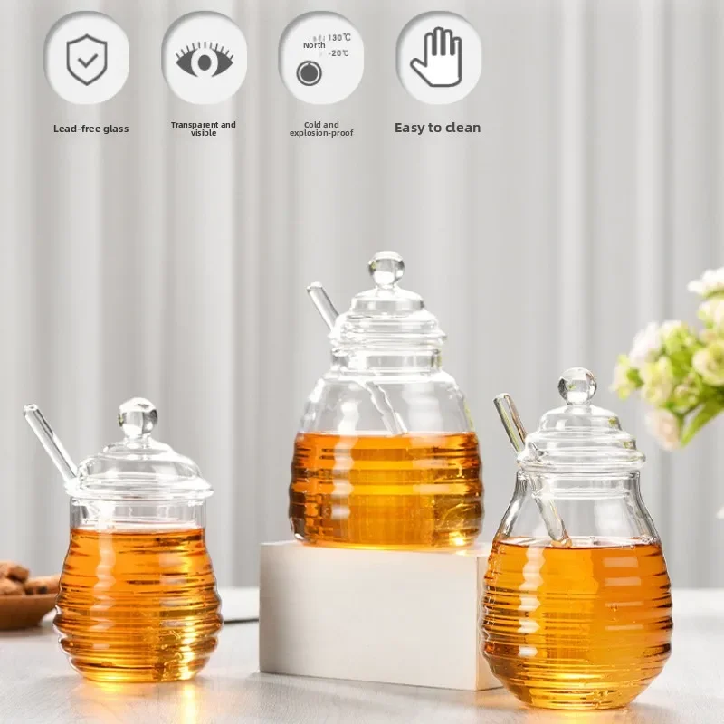 Tarro de miel de vidrio para el hogar, tarro transparente de cocina, tarro de azúcar de alta calidad, tarro de almacenamiento de varios tamaños, contenedor de té, botella de vidrio