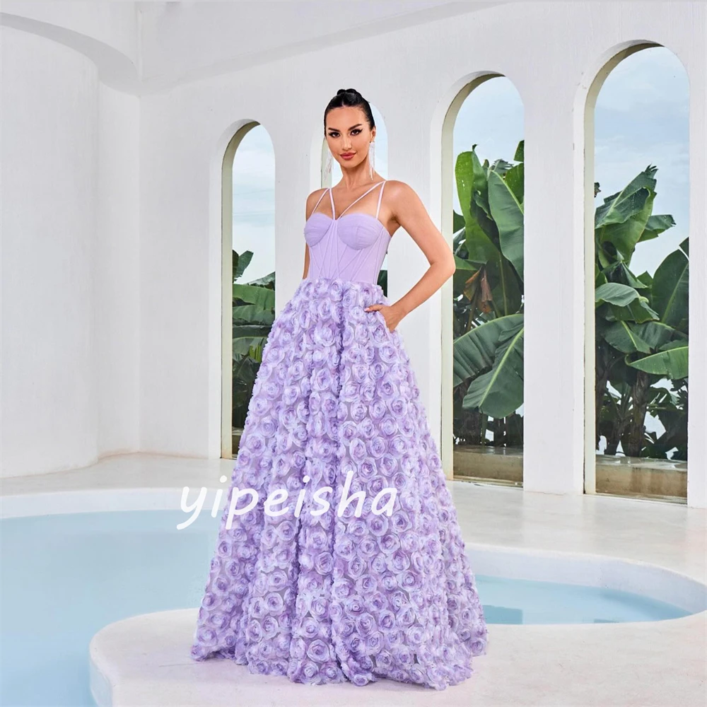 Jersey Flower Ruched Beach A-line V-neck Bespoke Occasion Gown Long Dresses