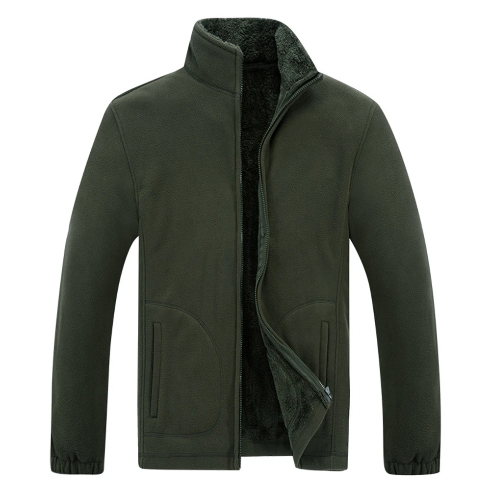 Men\\\'s Solid Color Thermal Fleece Jacket Winter Warm Thick Casual Coat Stand-up Collar Long Sleeve Polyester Layer
