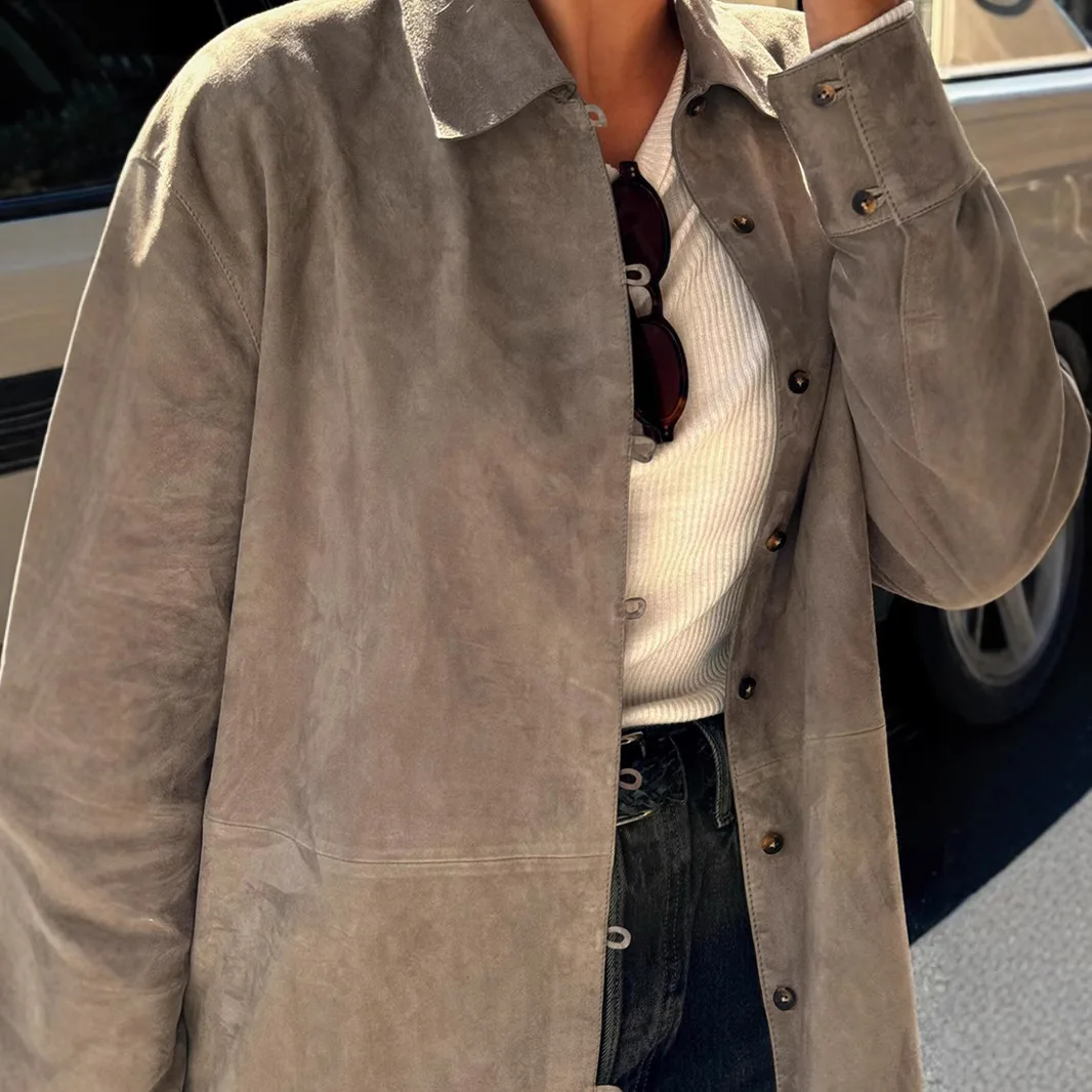 Vintage Brown Suede Shirt Fall-winter 2024 Small Loose Midi Cardigan Top Women