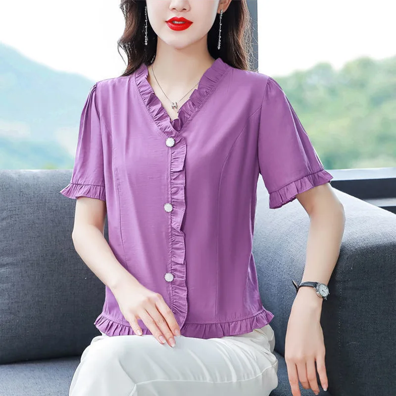 Elegant V-Neck Solid Color Chiffon Ruffles Shirt 2022 Summer Button Casual Tops Oversized Loose Women\'s Clothing Commute Shirt