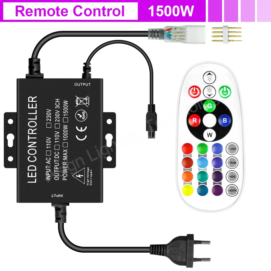 220V LED Neon Strip Controller 750W 1500W 4 Pin Neon Strip Dimmable Remote /Bluetooth/ Tuya WiFi APP for 5050 RGB Strip Light