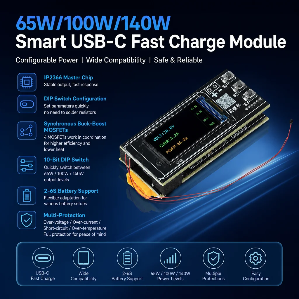 IP2366 140W PD3.1 Fast Charging Module 2-6S Li-ion/LiFePO4 Battery Charger Board TFT Display for DIY Power Bank 65W/100W/140W
