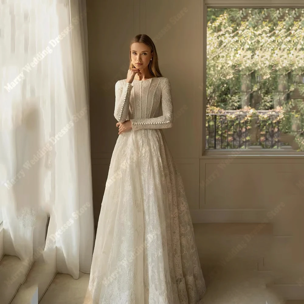 Gaun Pengantin Wanita Sederhana nan Indah, Gaun Pengantin Mewah Berkerah O Lengan Panjang untuk Acara Formal, Vestido Para Mujer, Dapat Dipesan Sesuai Ukuran