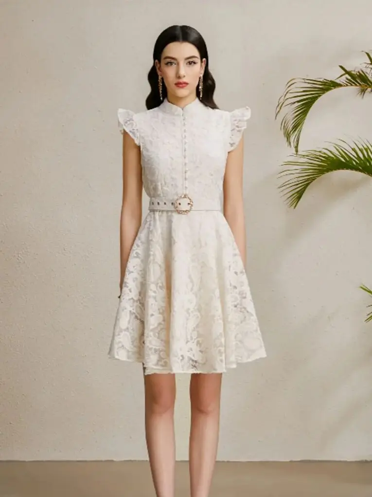 

High Quality Hollow Out Lace Prom Mini Dress For Women Summer Luxury Pearl Single breasted Belt Slim A-Line Party Dresses
