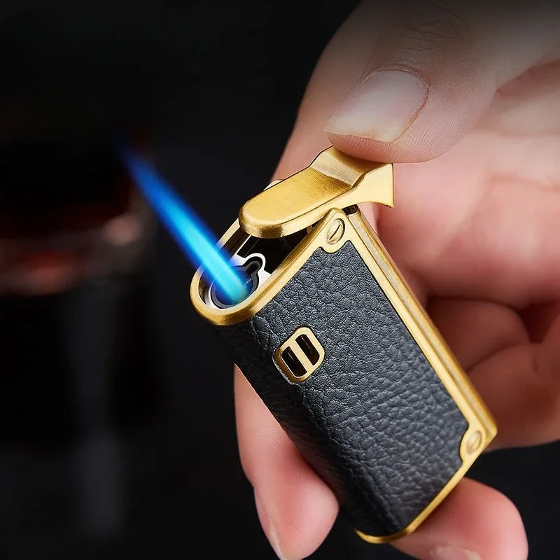 High-end Business Leather Embossed Direct-pullator, Fashionable Windproof Cigarette Lighter, 3 Options, Black, Brown，bronze