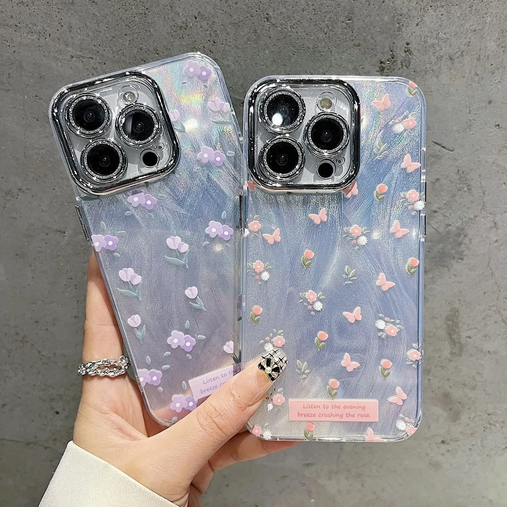 Lovely Girl heart flower silicone Phone Case For iPhone 13 14 13 12 11 15 Pro Max Shockproof Laser Case For 7+8+ XR XsMax