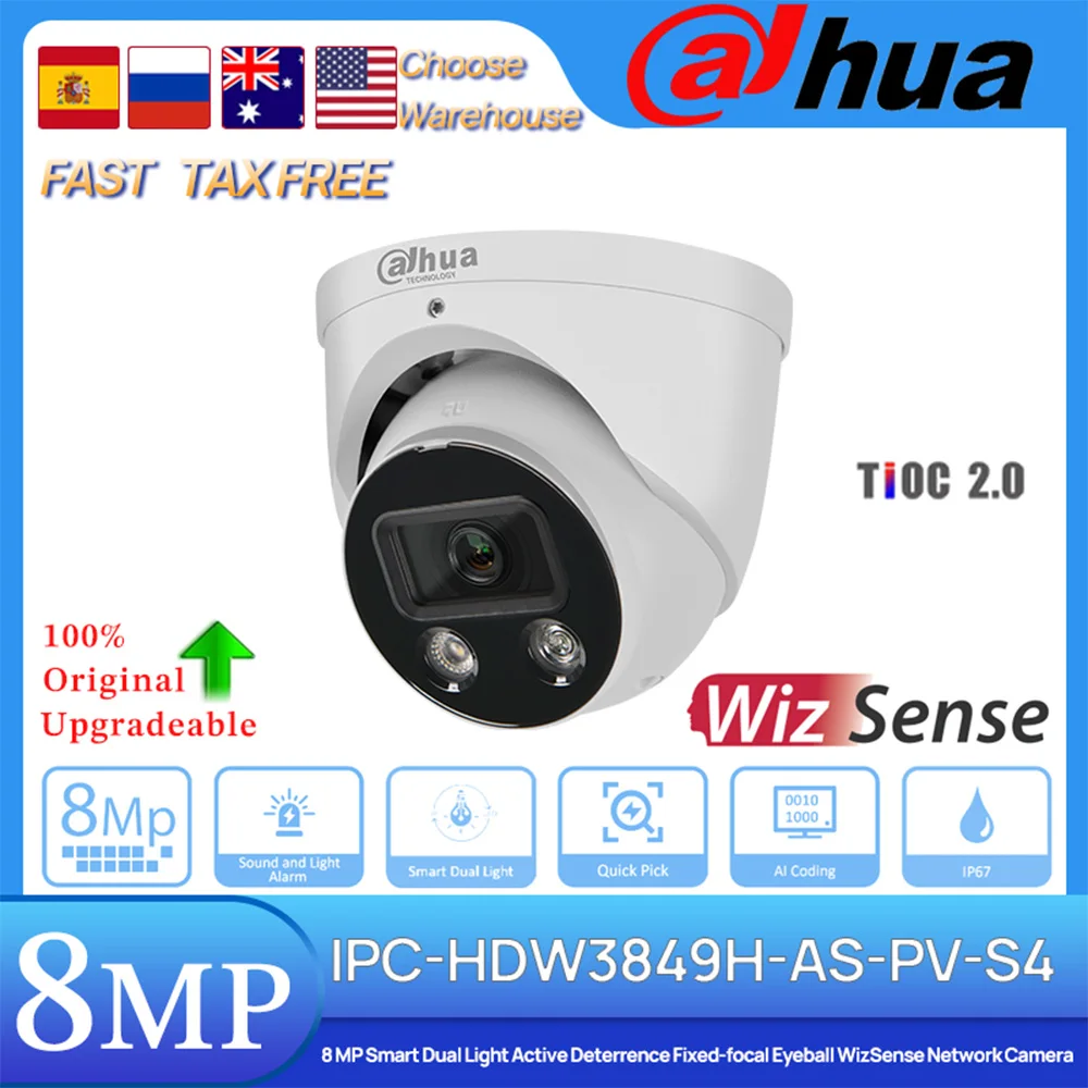 

Dahua Original IPC-HDW3849H-AS-PV-S4 8 MP Smart Dual Light Active Deterrence Fixed-focal Eyeball WizSense Network Camera SMD 4.0