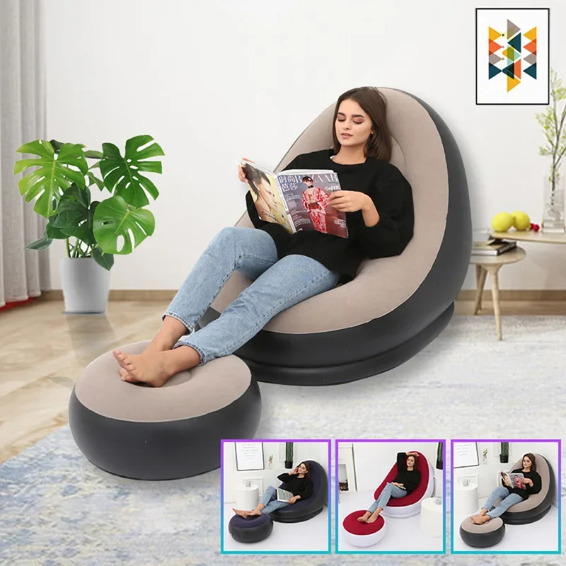 Portable Inflatable Lazy Sofa Bed Garden Chair Outdoor Furniture PVC Flocking Foldable Sofa With Slip-on Lunch Lounge Chair Set