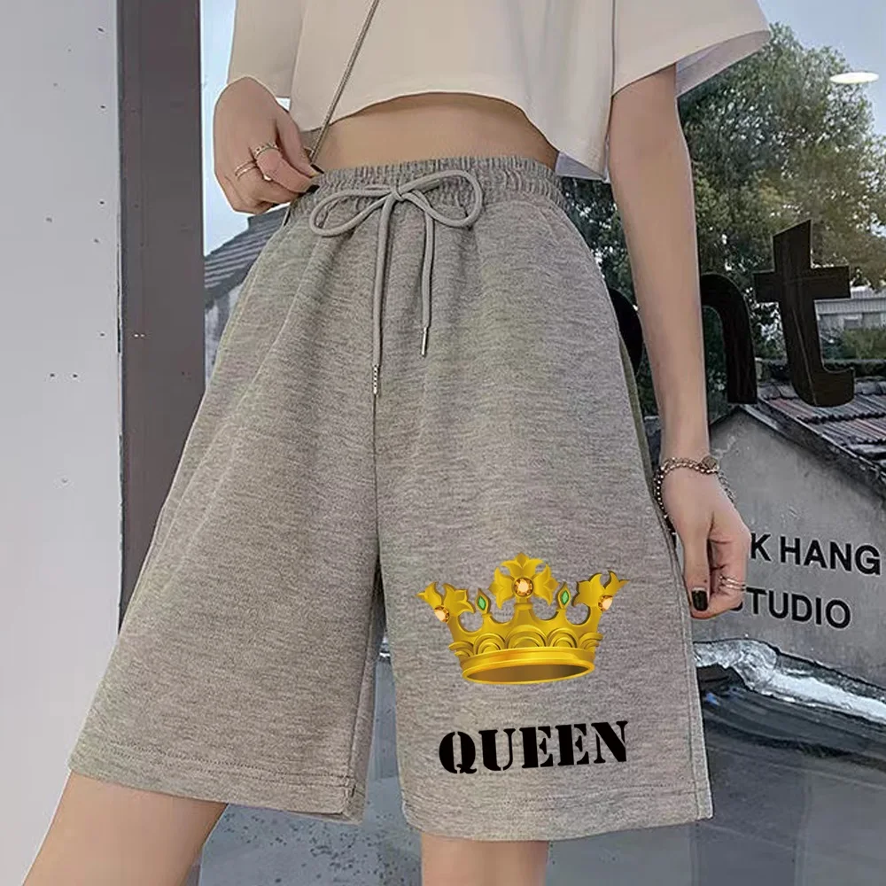 Damesmode shorts elastische band casual eenvoudige cropped broek persoonlijkheid kroon print serie student harajuku losse shorts