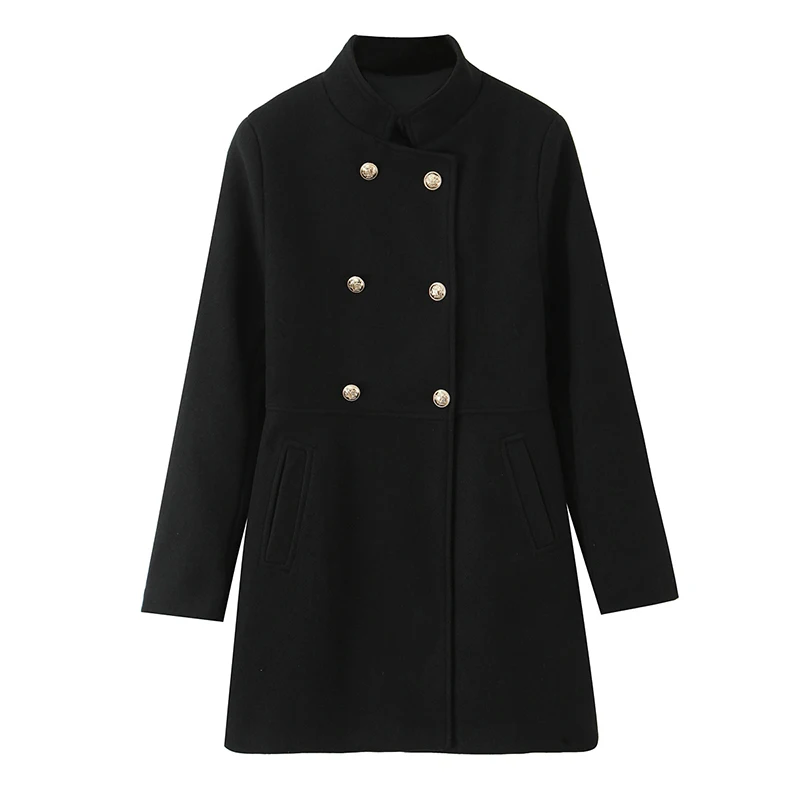 

Willshela Women Fashion Black Double Breasted Trench Coats Vintage Stand Collar Long Sleeves Female Chic Lady Outfits