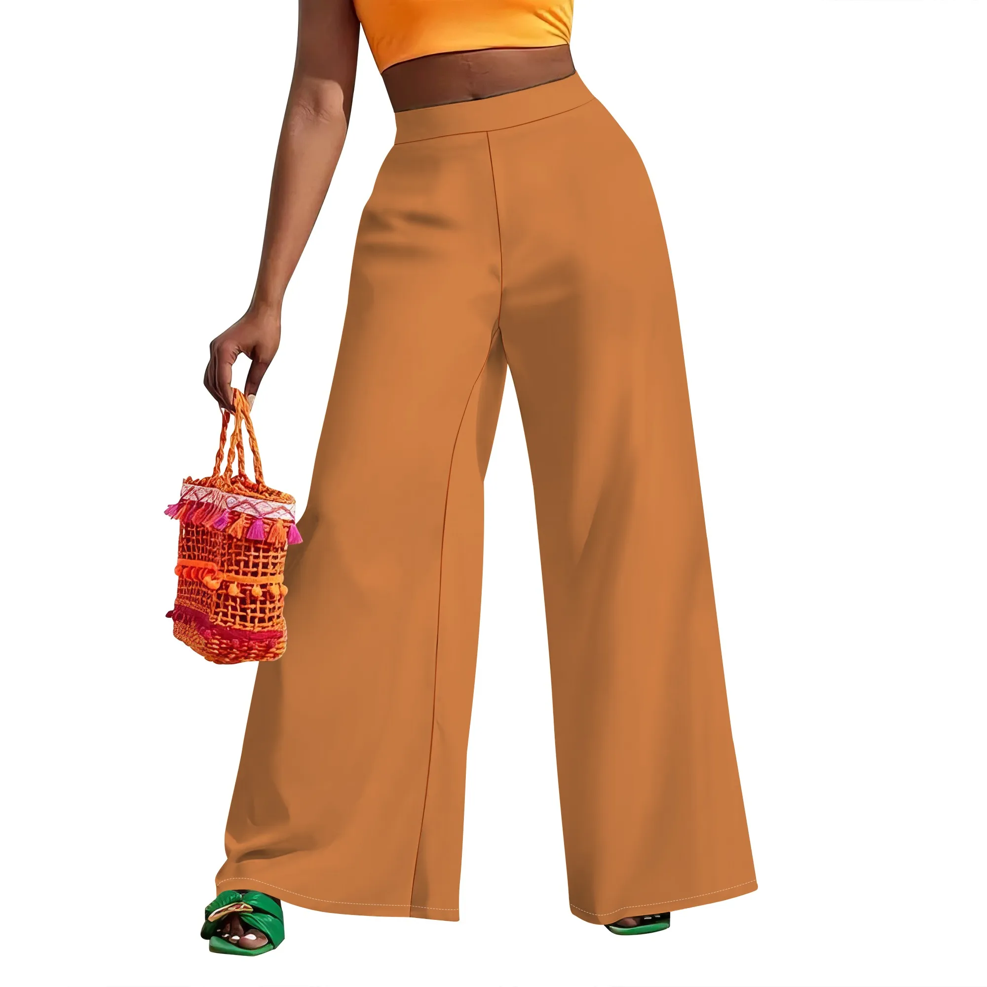 ธุรกิจทํางานลําลองสีทึบขากว้างจีบกางเกงหลวมพอดีสําหรับผู้หญิง