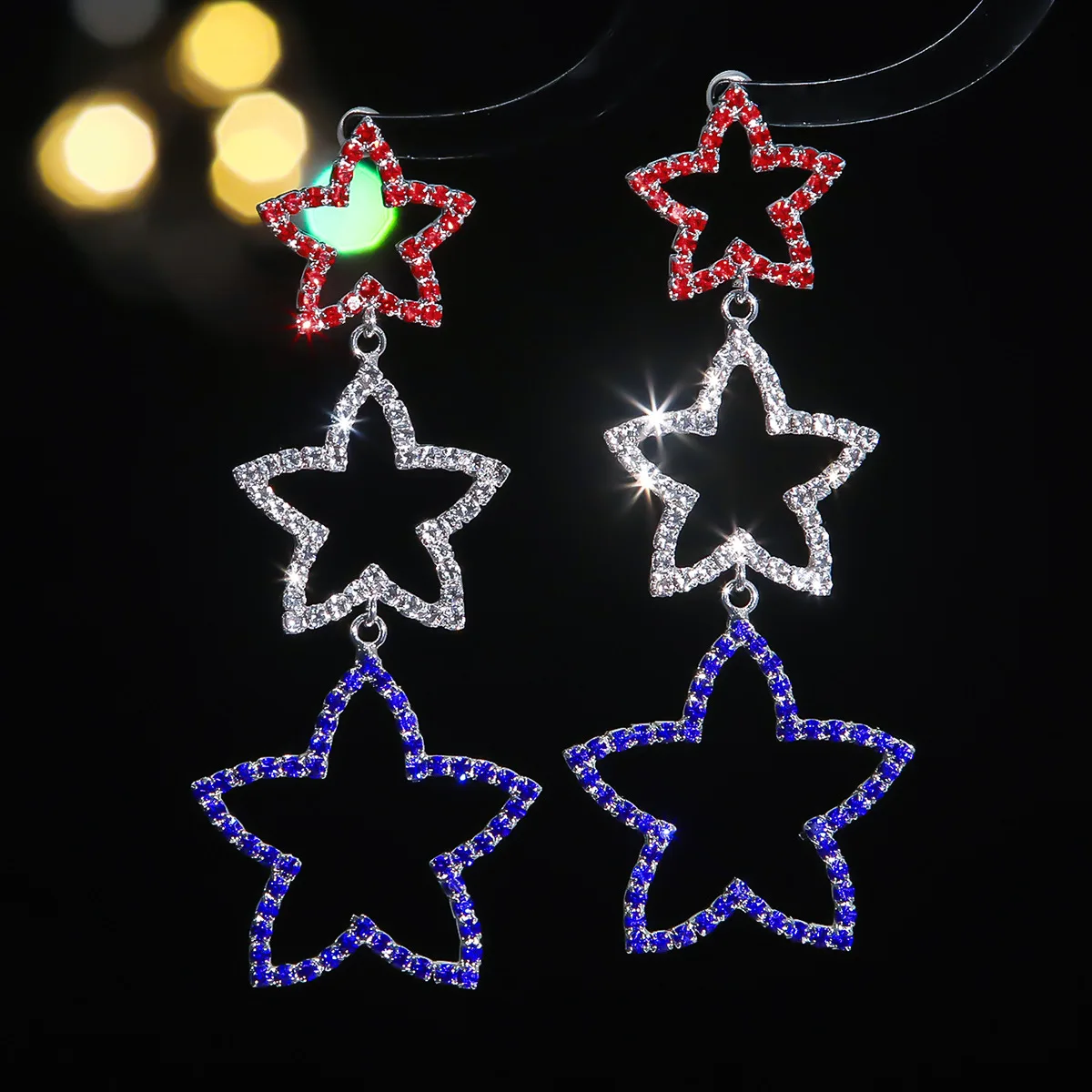 Independence Day super flash long five-pointed star earrings for women, all-copper fashion rhinestone stud earrings and ear jewe