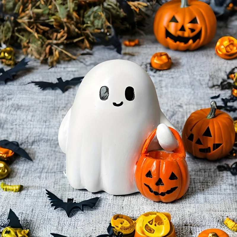 Cute Ghost Statue Holding Pumpkin Statue Resin Halloween Home Decorations for Living Room Bedroom Garden Indoor Outdoor