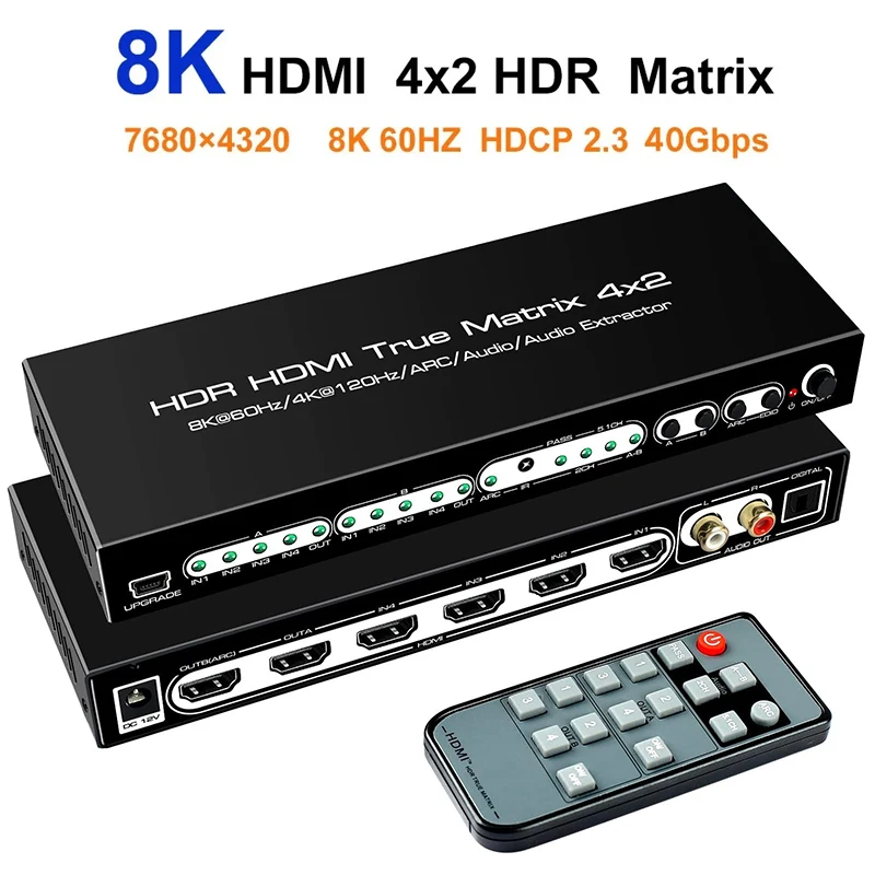 8K HDMI 2.1 Switcher Matrix,4x2 Video Splitter 4K 120Hz Audio Extractor ARC Dolby Vision Atmos 7.1 5.1 2CH Audio for PS5
