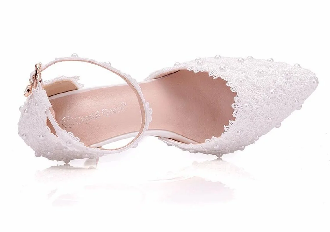 Wedding Shoes Bride White Wedding Shoes Female High Heels Ankle Strap Pumps Women\'s Shoes Rhinestone Lace High Heels Party Shoe