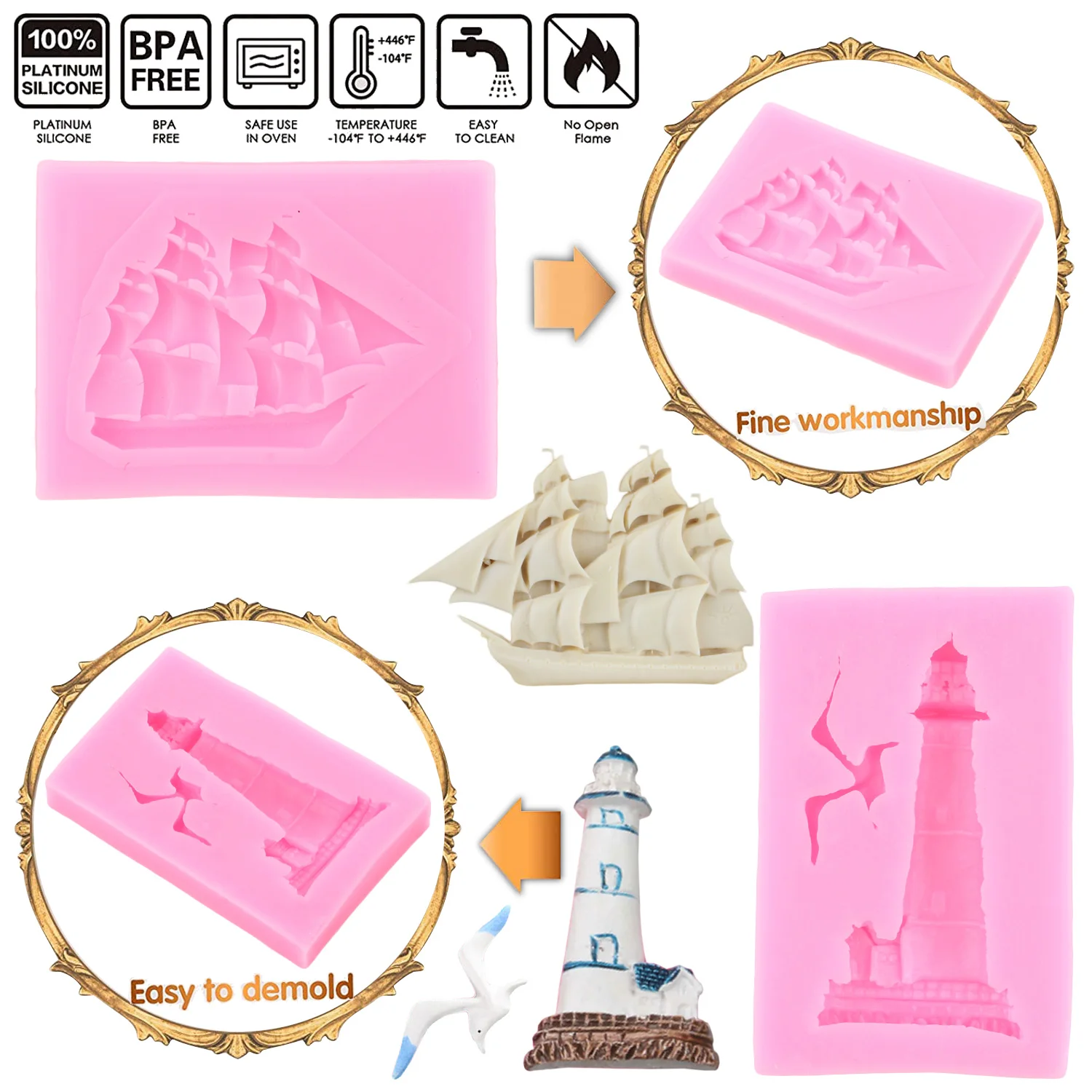 Lighthouse Bird Silicone Mold Sailing Boat Fondant Molds Cupcake Jelly Candy Resin Clay Chocolate Decoration Baking Tools