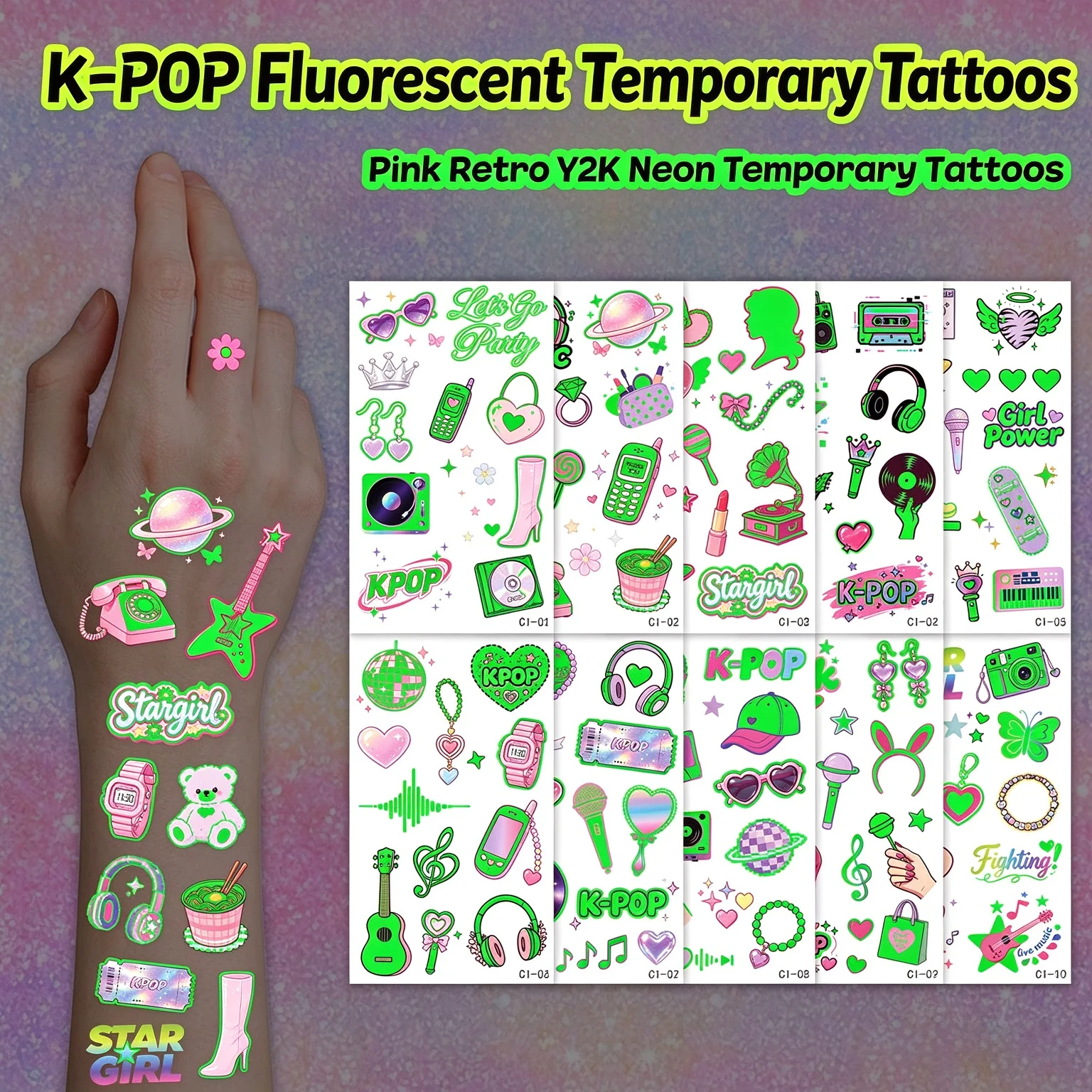 Y2K Pink Green UV Neon Temporary Tattoos, Fluorescent Music Themed Fake Tattoo Stickers, Waterproof Body Face Tattoos for Music